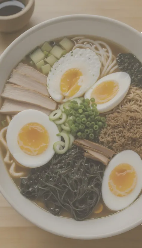 bowl of steaming hot ramen noodles, with a variety of toppings including sliced pork, boiled egg, green onions, and a sheet of nori (dried seaweed). The broth looks rich and flavorful, likely made from a combination of chicken, pork, and dashi.