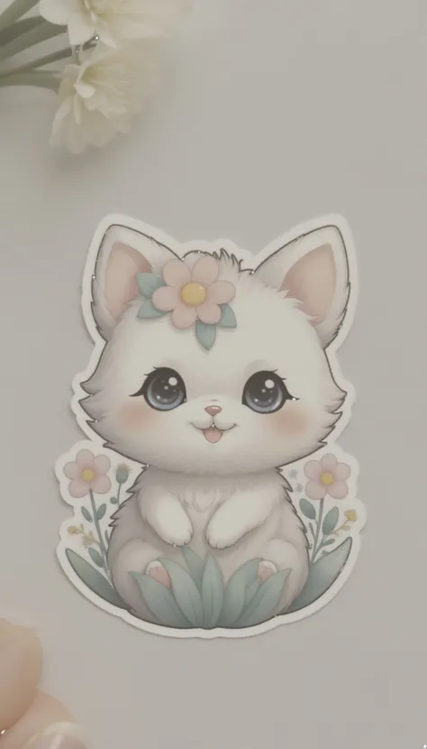 Sticker of a cute, round little animal with big, sparkling eyes and a gentle smile on its face. It has soft, pastel-colored fur. The small critter is surrounded by dainty, heart-shaped flowers in complementary pastel shades, adding to the sticker's overall charm.The white background provides the perfect canvas for this adorable creature, allowing its pastel features to pop and catch the eye. The sticker design exudes a warm and playful energy, making it an endearing addition to any item it adorns.