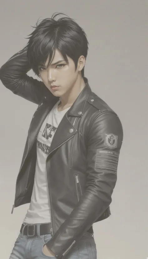 1boy, black hair, white background, short cut hair, leather jacket, tshirt, upper body, detailed shape, detailed line, art of fighting attitude, color manga style