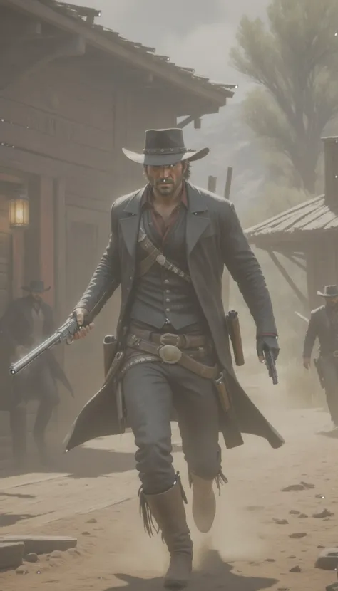 Intricate dynamic action shot of cowboy in a shootout, cinematic Steve Henderson Fabian Perez Henry Asencio Jeremy Mann Marc Simonetti Fantasy, red dead redemption 2 atmosphere, cinematic, photograph