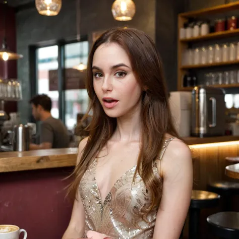 closeup portrait <lora:licollins2_xl_2_standard:1.0>, (34 years old), long radiant hair, pale, slender, glittering dress, sitting back inside an artisinal coffee shop, surprised, side view, low lighting