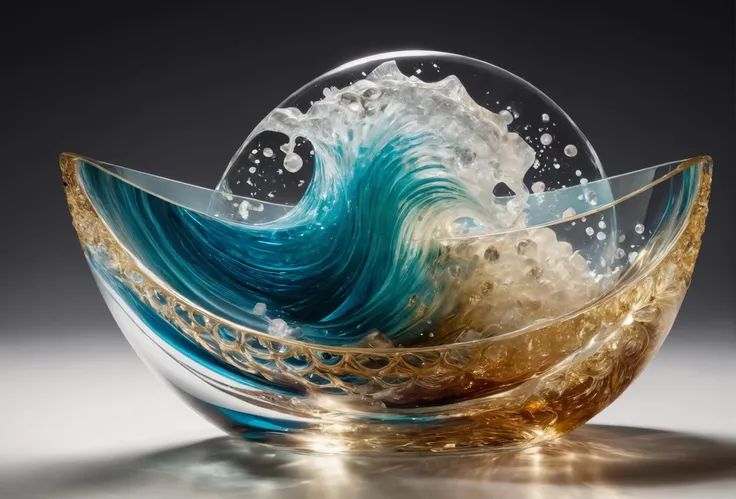 Generate a captivating artwork showcasing abstract shapes composed of glass, diamonds, and gold, with a dispersion effect emanating from the glass. Emphasize intricate details, refined lines, and vibrant colors throughout the composition. Ensure that the focus remains on the abstract elements rather than human subjects. milky wave