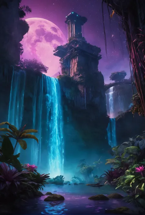 cinematic still a world where nature and technology converge in harmony. In this futuristic neon jungle, waterfalls cascade like liquid light, exotic plants pulse with bioluminescent life, and floating platforms offer a sanctuary among the stars. Under the twilight sky, the landscape is alive with vibrant blues and purples, a testament to the planetâs mysterious beauty and the advanced civilizations that respect it.â . emotional, harmonious, vignette, 4k epic detailed, shot on kodak, 35mm photo, sharp focus, high budget, cinemascope, moody, epic, gorgeous, film grain, grainy, a world where nature and technology converge in harmony. In this futuristic neon jungle, waterfalls cascade like liquid light, exotic plants pulse with bioluminescent life, and floating platforms offer a sanctuary among the stars. Under the twilight sky, the landscape is alive with vibrant blues and purples, a testament to the planetâs mysterious beauty and the advanced civilizations that respect it.â, cozy, complimentary colors, romantic, perfect composition, adventurous, cinematic, rich deep color, beautiful detailed intricate stunning great classic contemporary fine detail, ambient dramatic breathtaking professional full composed, best, epic, spectacular, unique, brilliant, artistic, pure, very inspirational, cute background, inspiring, magical atmosphere, creative, positive, lovely, marvelous, elegant
