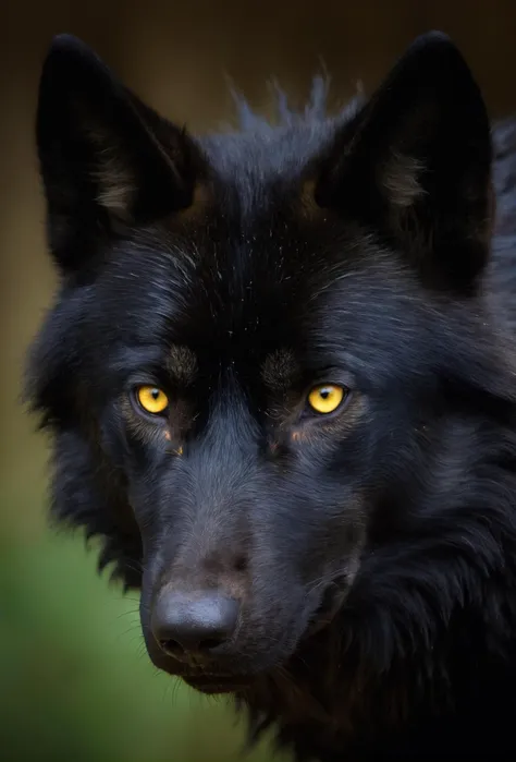a black wolf with yellow eyes, detailed iris, black background, soft lighting,