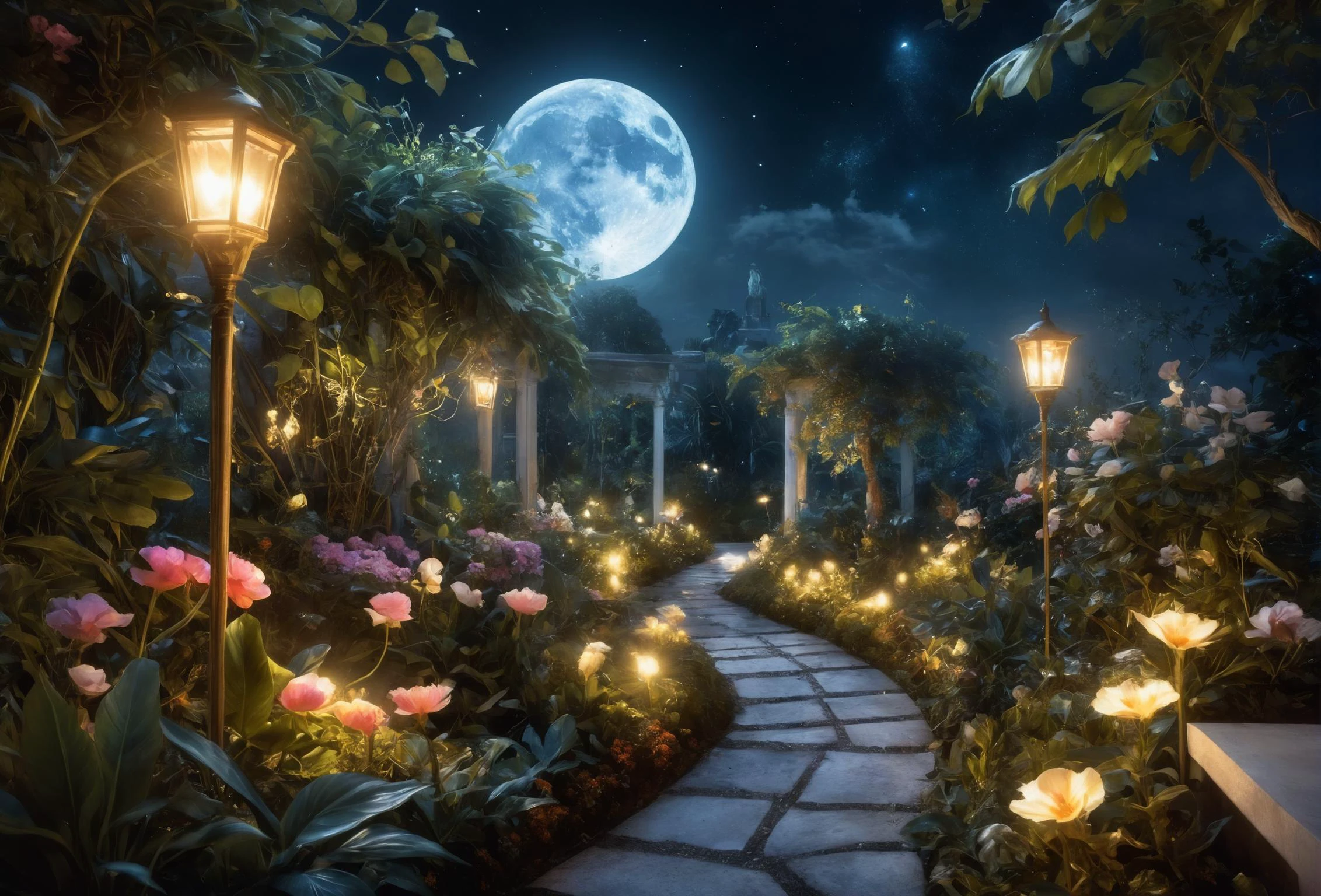 style by Yuumei,best quality,high resolution,8k aesthetic,mesmerise celestial moonlight,floral atmosphere,vibrant light-trail effect on a realistic,hyperdetailed glowing floral,luminous foliage,dreamlike oasis-garden naughty daemon inspired by Jarek Kubicki huge busy detailed scene