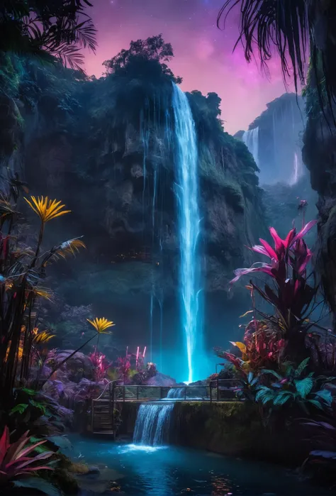 cinematic still a world where nature and technology converge in harmony. In this futuristic neon jungle, waterfalls cascade like liquid light, exotic plants pulse with bioluminescent life, and floating platforms offer a sanctuary among the stars. Under the twilight sky, the landscape is alive with vibrant blues and purples, a testament to the planetâs mysterious beauty and the advanced civilizations that respect it.â . emotional, harmonious, vignette, 4k epic detailed, shot on kodak, 35mm photo, sharp focus, high budget, cinemascope, moody, epic, gorgeous, film grain, grainy, a world where nature and technology converge in harmony. In this futuristic neon jungle, waterfalls cascade like liquid light, exotic plants pulse with bioluminescent life, and floating platforms offer a sanctuary among the stars. Under the twilight sky, the landscape is alive with vibrant blues and purples, a testament to the planetâs mysterious beauty and the advanced civilizations that respect it.â, cozy, complimentary colors, romantic, perfect composition, adventurous, cinematic, rich deep color, beautiful detailed intricate stunning great classic contemporary fine detail, ambient dramatic breathtaking professional full composed, best, epic, spectacular, unique, brilliant, artistic, pure, very inspirational, cute background, inspiring, magical atmosphere, creative, positive, lovely, marvelous, elegant