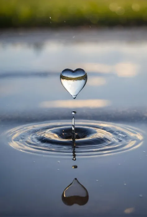 a water droplet in the shape of a heart, in the air above a puddle, shallow depth of field, bokeh