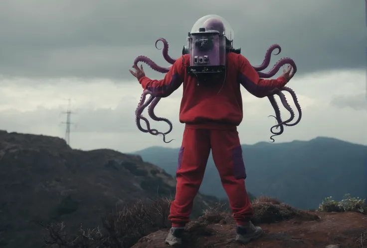 wired cyborg fishtank-head, person in Red Vintage tracksuit standing on a mountain top, hands reachinng to heaven, with a fishtank as head with a small dark-purple translucent octopus made of technical parts and wires in it, closeup,
atmospheric haze, Film grain, cinematic film still, shallow depth of field, highly detailed, moody, epic, photorealistic, atmospheric lighting, billowing cloud backdrop with volumetric lighting from within ,