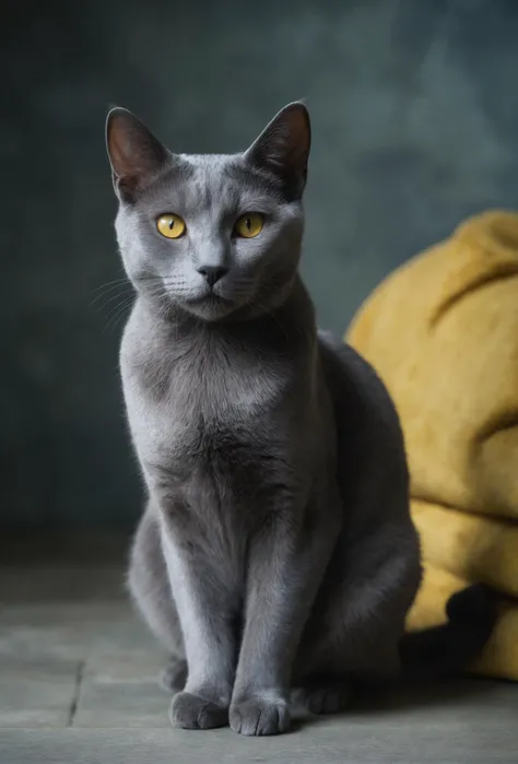 a photo of a Russian blue cat, yellow eyes, cinematic film still, photography portrait, grainy, (subtle gradient backdrop:1.1), (tranquil yet evocative:1.2), (conceptual portraiture:1.3), (play on perception:1.2), Canon EOS 5D Mark III, 1/160s, f/8, ISO 100, (surreal calm:1.1),