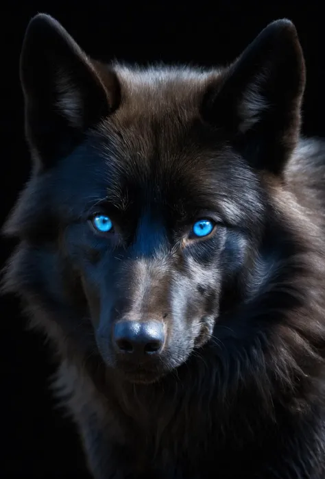 a black wolf with bright blue eyes, detailed iris, black background, soft lighting,