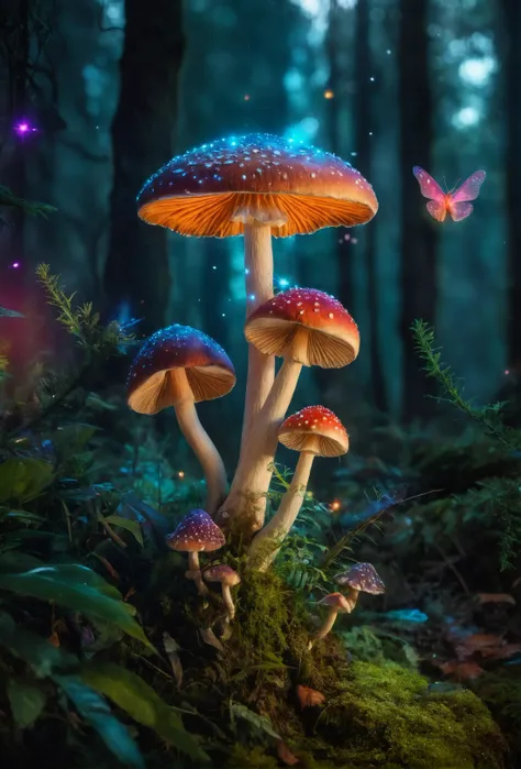 A colorful mushroom with glowing spores stands tall in the forest, surrounded by vibrant lights and fairies flying around it. The background is filled with lush greenery and magical creatures, creating an enchanting atmosphere. The artwork is in the style of a high quality photo