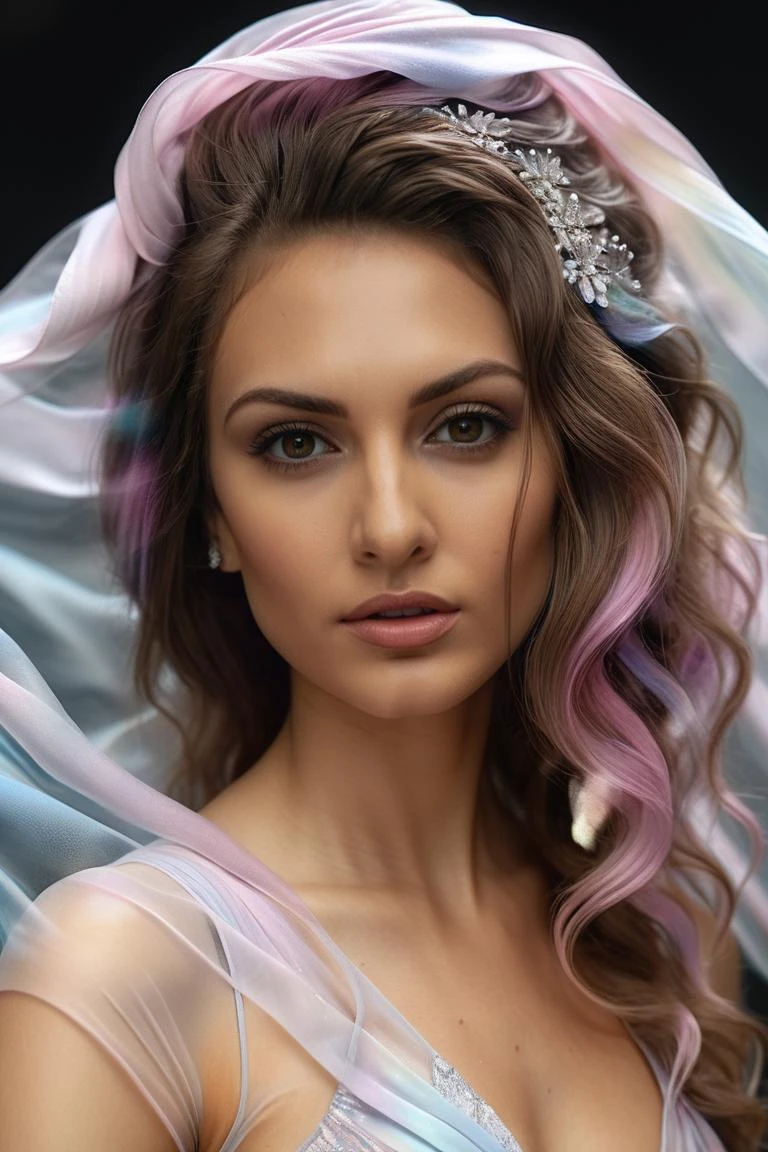 hannah_ansari_model, (8k, photo realistic, ultra details, Abstract style hauntingly ethereal portrait of a mysterious figure draped in translucent fabric, crystals adorning their hair, amidst a dreamlike swirl of pastel hues and soft light, evoking a sense of calm serenity and elusive beauty, high detail, award winning masterpiece with incredible details . Non-representational, colors and shapes, expression of feelings, imaginative, highly detailed
<lora:ReaLora:.7>
<lora:hannah_ansari_model:1>