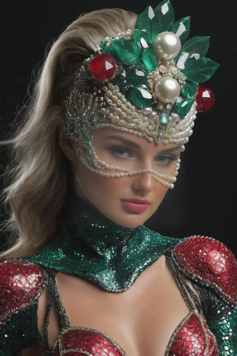 emily_garmon_model <lora:emily_garmon_model:1> (8k, RAW photo, highest quality), hyperrealistic, insanely detailed, with a mask on her head and a face covered in jewels and pearls, ruby emerald body suit, with a black background, Bastien Lecouffe-Deharme, high detail 8 k, a 3D render, fantasy art,
<lora:ReaLora:.7> <lora:skin_slider_v1:.7> <lora:more_details:.7>