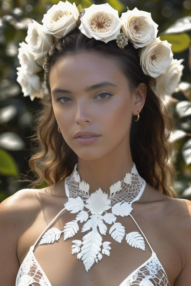 hayden_bae, <lora:hayden_bae:1> (8k, RAW photo, highest quality), hyperrealistic, skin details , brown eyes, aztec warrior ,boho floral stems big leaves, white large pore fungi, huge white translucent rose, sinuous fractal mandalbrot fractal mesh wires, diamonds, filigree foliage lace, alexander mcqueen high fashion haute couture, intricate mandelbrot fractal,
<lora:ReaLora:1>