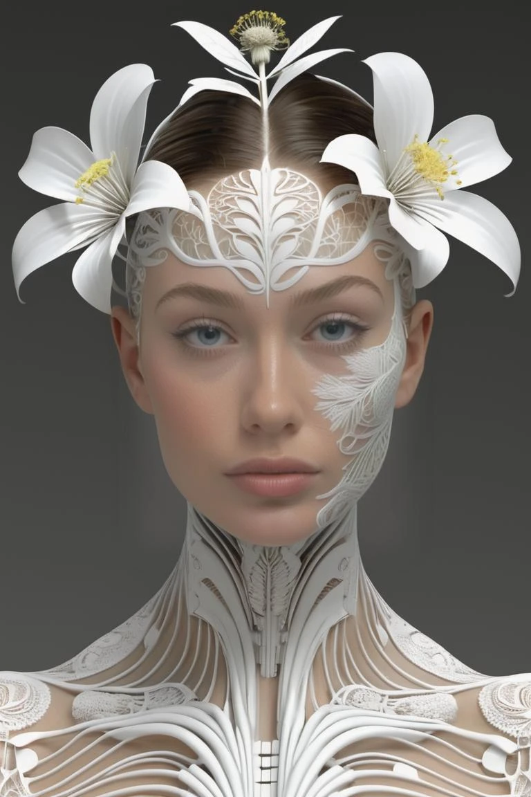 addie_ammons_model, <lora:addie_ammons_model:1> complex 3d,hyper detailed,ultrasharp,beautiful biomechanical female cyborg portrait with a porcelain profile face,natural soft rim light,aztec warrior,tattoos,boho floral stems big leaves,white large pore fungi,huge white translucent dandelion yellow hibiscus,sinuous fractal mandalbrot fractal mesh wires,diamonds,filigree foliage lace,alexander mcqueen high fashion haute couture,nouveau fashion embroidered,pearl earring,intricate details,mandelbrot fractal,white background,anatomical,facial muscles,cable wires,translucent microchip,hyper realistic,ultra detailed,octane,
