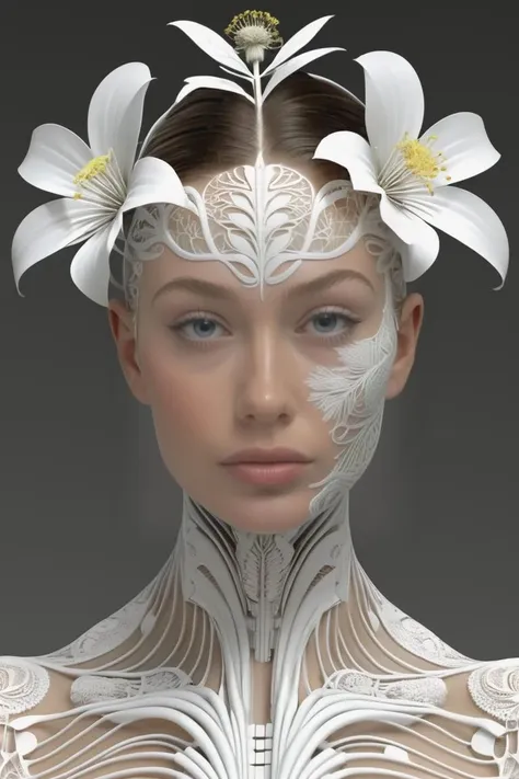 addie_ammons_model,  <lora:addie_ammons_model:1> complex 3d,hyper detailed,ultrasharp,beautiful biomechanical female cyborg portrait with a porcelain profile face,natural soft rim light,aztec warrior,tattoos,boho floral stems big leaves,white large pore fungi,huge white translucent dandelion yellow hibiscus,sinuous fractal mandalbrot fractal mesh wires,diamonds,filigree foliage lace,alexander mcqueen high fashion haute couture,nouveau fashion embroidered,pearl earring,intricate details,mandelbrot fractal,white background,anatomical,facial muscles,cable wires,translucent microchip,hyper realistic,ultra detailed,octane,