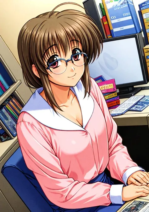 {{masterpiece}},{{best quality}},{{high resolution}},{{caustics}},{{detailed}},
office,,smile,1girl,solo,
 <lora:minamiV1:0.6>,minami_makimura,comic_party,pink_shirt,blue_pencil_skirt.glasses,