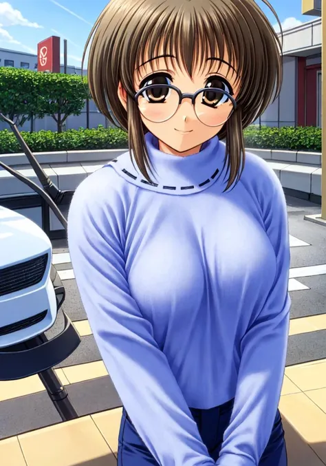 {{masterpiece}},{{best quality}},{{high resolution}},{{caustics}},{{detailed}},
street,smile,1girl,solo,
<lora:minamiV1:0.6>,minami_makimura,comic_party,glasses,large breast,white_sweater,