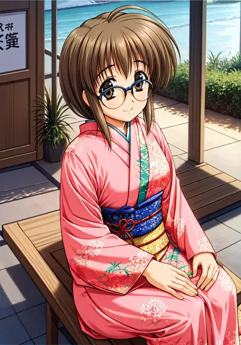 Anime girl in kimono sitting on a bench in front of a beach - SeaArt AI