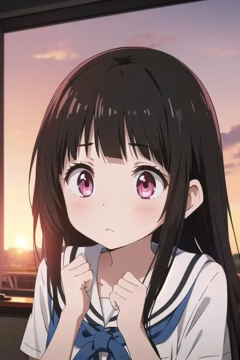 masterpiece,1girl,,blush,sunset,classroom,(ganbaruzoi) <lora:ganbaruzoi-v4:0.7>clenched hands, upper body, looking up viewer <lora:hyouka_offset:0.8>chitanda eru,shiny eyes,close up,longhair