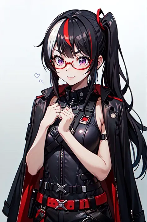 <lora:ganbaruzoi-v4:1> ganbaruzoi, clenched hands, upper body, looking at viewer,, absurdres, ultra detailed, masterpiece, best quality, aesthetic, detailed,, solo, smug smile, 1girl, purple eyes, red-framed eyewear, (black hair, red colored tips:1.2), red streaked hair, very long hair, side ponytail, tied hair, medium breasts,, <lora:StS-Coat-and-Jacket-On-Shoulders-Iteration2:0.7> dataset, jacket on shoulders, coat on shoulders, red dress, sleeves rolled up, fingerless gloves, holster, belt, multiple belts, combat boots, bulletproof vest, pants, black coat, tactical clothes,