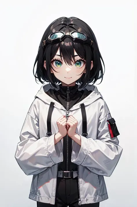 <lora:ganbaruzoi-v4:1> ganbaruzoi, clenched hands, upper body, looking at viewer, (black hair:1.2),, absurdres, ultra detailed, masterpiece, best quality, aesthetic, detailed,, ultra detailed, masterpiece, best quality, solo, smile, 1boy, green eyes, short hair, black hair, bangs, hair between eyes, messy hair, (goggles on head:1.2),, headband, white coat, hooded coat, hood down, open coat, turtleneck, capri pants, pants, black knee boots,