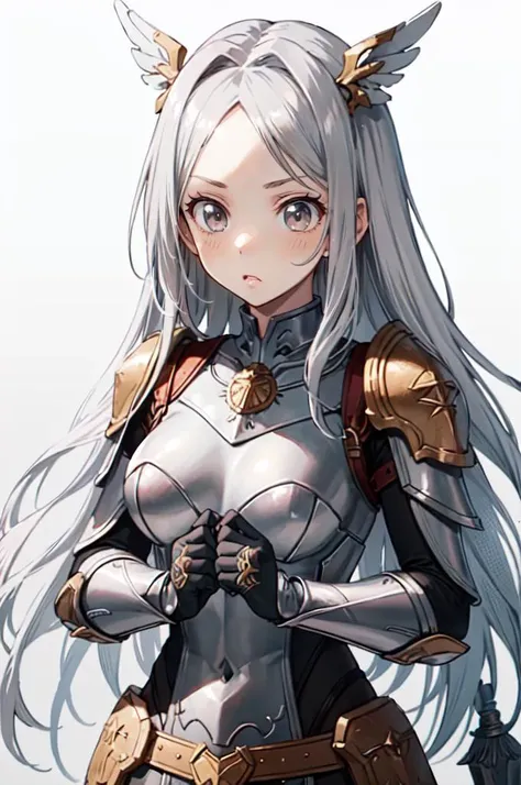 <lora:ganbaruzoi-v4:1> ganbaruzoi, clenched hands, upper body, looking at viewer,, absurdres, ultra detailed, masterpiece, best quality, aesthetic, detailed,, serious, 1girl, (white eyes:1.1), (grey eyes:1.3), white hair, very long hair, parted hair, parted bangs, <lora:parted_hair_v1.3:1.3>, medium breasts,, valkyrie, (bodysuit:1.1), pink wing hair ornament, grey armored skirt, black bodysuit, armor, gauntlets, pink breastplate, greaves, armored dress, pink hues,