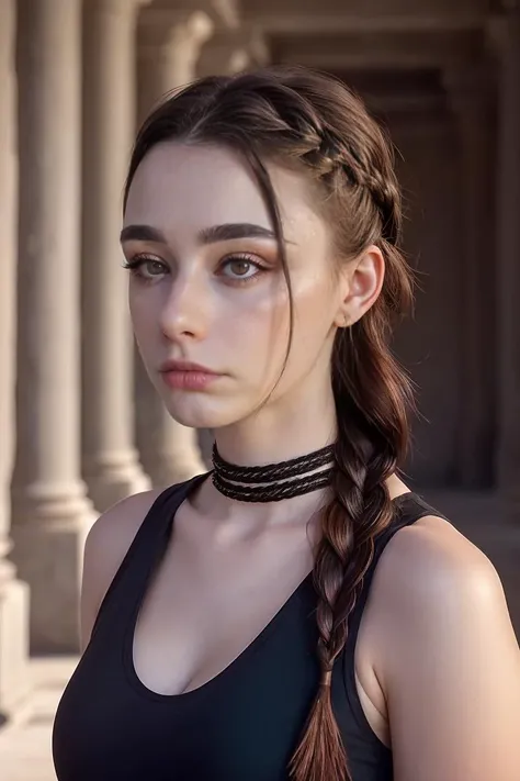 portrait of skswoman, depressed , wearing black tank top , cleavage, with medium brown Side braid , background Egyptian cyberpunk temple epic (photo, studio lighting, hard light, sony a7, 50 mm, matte skin, pores, colors, hyperdetailed, hyperrealistic), <lyco:Dasha Taran:1.1>