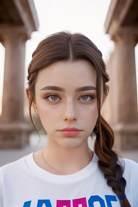 portrait of skswoman, depressed , wearing t-shirt , with medium brown Side braid , background jewish temple epic (photo, studio lighting, hard light, sony a7, 50 mm, matte skin, pores, colors, hyperdetailed, hyperrealistic), <lyco:Dasha Taran:1.1>