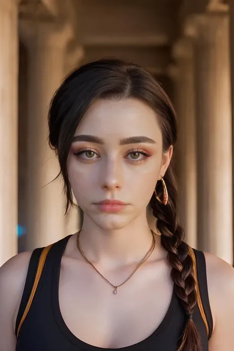 portrait of skswoman, depressed , wearing black tank top , cleavage, with medium brown Side braid , background Egyptian cyberpunk temple epic (photo, studio lighting, hard light, sony a7, 50 mm, matte skin, pores, colors, hyperdetailed, hyperrealistic), <lyco:Dasha Taran:1.1>