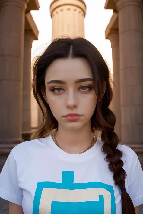 portrait of skswoman, depressed , wearing t-shirt , with medium brown Side braid , background Egyptian cyberpunk temple epic (photo, studio lighting, hard light, sony a7, 50 mm, matte skin, pores, colors, hyperdetailed, hyperrealistic), <lyco:Dasha Taran:1.1>