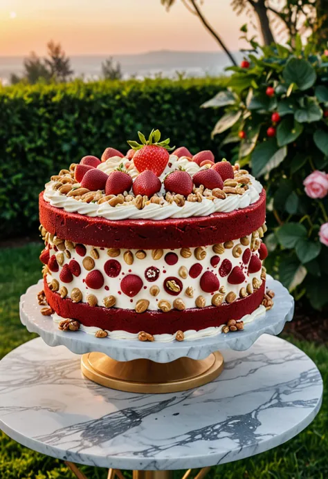 (medium full shot) of A red velvet anniversary cake strawberry cake with filled with cream, hexagonal shape, candied nuts, icing patterns , placed on a marble stand, located in  a lively outdoor party, with colorful decorations, joyful ambiance, playful activities, at sunset, ,Masterpiece,best quality, photo, realistic, very aesthetic,