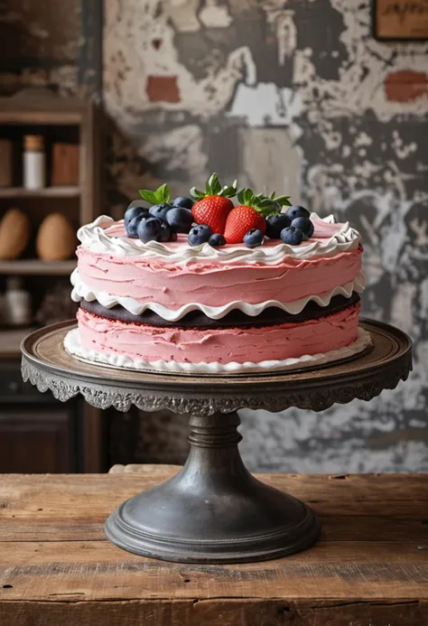 (medium full shot) of A strawberry pink sheet cake blueberry cake with multi-layered, oval shape, meringue, chocolate ganache , placed on a vintage metal stand, located in  an artisanal bakery, featuring rustic decor, wooden shelves, elegant displays, a charming atmosphere, ,Masterpiece,best quality, photo, realistic, very aesthetic