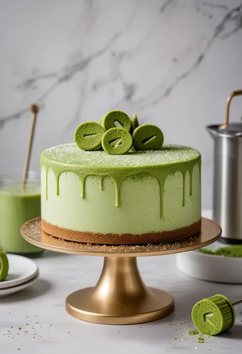 (medium full shot) of A matcha green cheesecake matcha cake with double layer, letter-shaped shape, powdered sugar, edible glitter , placed on a elegant cake stand, located in  a modern kitchen, with sleek design, contemporary appliances, minimalist decor, Masterpiece,best quality, photo, realistic, very aesthetic,