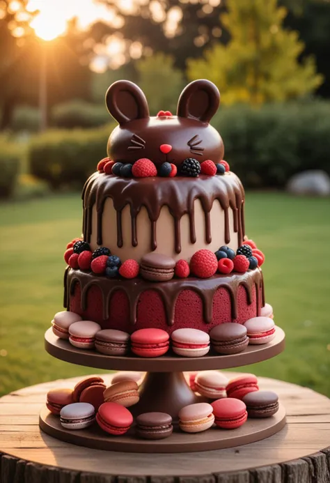 (medium full shot) of A chocolate brown bundt cake red velvet cake with triple layer, animal-shaped shape, macarons, fresh berries , placed on a tiered stand, located in  a serene park, offering peaceful surroundings, natural beauty, a calming atmosphere, at sunset, Masterpiece,best quality, photo, realistic, very aesthetic,