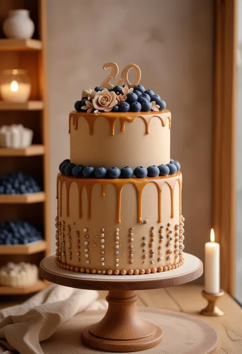 (medium full shot) of A caramel beige anniversary cake blueberry cake with single layer, hexagonal shape, edible pearls, fondant figures , placed on a minimalist stand, located in  an artisanal bakery, featuring rustic decor, wooden shelves, elegant displays, a charming atmosphere, at sunset, Masterpiece,best quality, photo, realistic, very aesthetic,