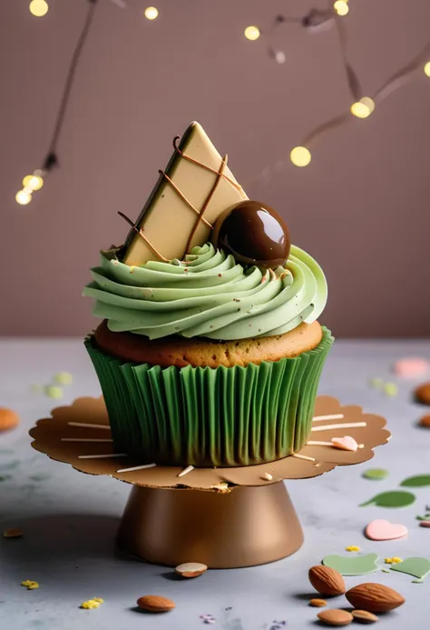 (medium full shot) of A almond cream cupcakes matcha cake with double layer, custom shaped shape, caramel drizzle, chocolate ganache , placed on a minimalist stand, located in  a cheerful baby shower, with pastel colors, cute decorations, a playful vibe, at night, ,Masterpiece,best quality, raw photo, realistic, very aesthetic