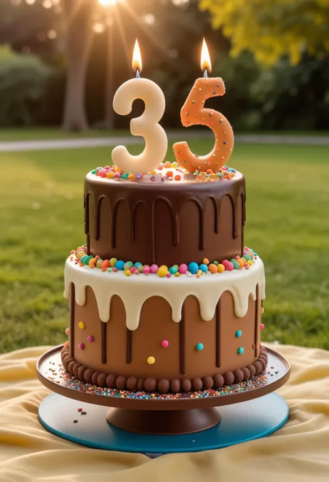 (medium full shot) of A chocolate brown birthday cake vanilla cake with double layer, number-shaped shape, sprinkles, marzipan shapes , placed on a colorful plastic stand, located in  a serene park, offering peaceful surroundings, natural beauty, a calming atmosphere, at sunset, Masterpiece,best quality, photo, realistic, very aesthetic,