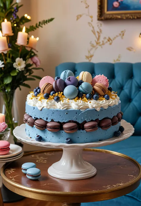 (medium full shot) of A blueberry blue ice cream cake chocolate cake with jelly filled, oval shape, macarons, whipped cream , placed on a floral stand, located in  a festive living room, with seasonal decorations, comfortable seating, a joyful vibe, at sunset, ,Masterpiece,best quality, photo, realistic, very aesthetic,