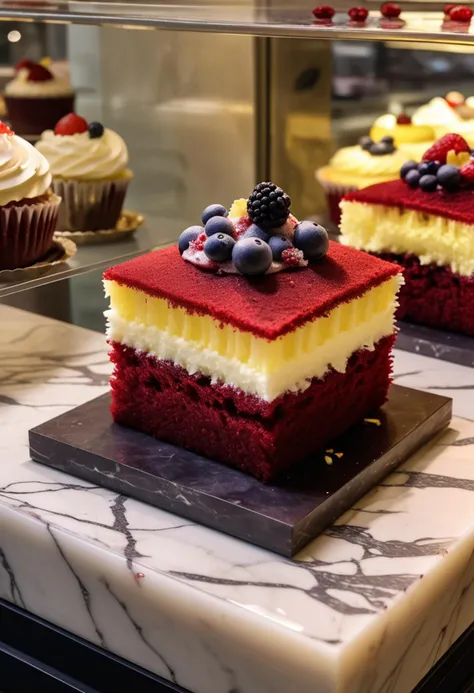 (medium full shot) of A red velvet cupcakes lemon cake with jelly filled, square shape, chocolate shavings, fresh berries , placed on a marble stand, located in  a bustling bakery, with display cases full of delicious treats, warm lighting, cozy seating, the aroma of fresh pastries, at sunset, ,Masterpiece,best quality, raw photo, realistic, very aesthetic