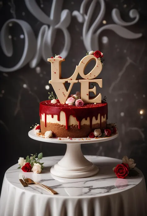 (medium full shot) of A caramel beige cheesecake red velvet cake with double layer, "love" letter-shaped shape, sprinkles, sugar flowers , placed on a marble stand, located in  an elegant wedding reception, with floral arrangements, romantic ambiance, sophisticated table settings, ambient lighting, at night, ,Masterpiece,best quality, raw photo, realistic, very aesthetic, dark