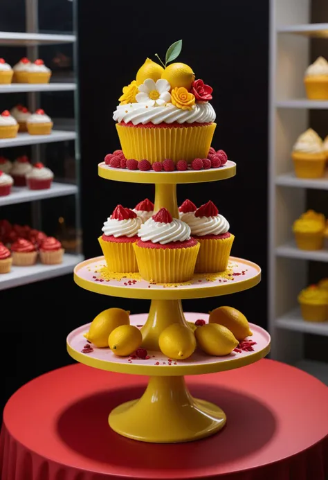 (medium full shot) of A lemon yellow cupcakes red velvet cake with double layer, custom shaped shape, fruit compote, sugar flowers , placed on a colorful plastic stand, located in  a modern bakery, with sleek design, minimalist decor, stylish seating, a contemporary vibe, at night, Masterpiece,best quality, photo, realistic, very aesthetic,