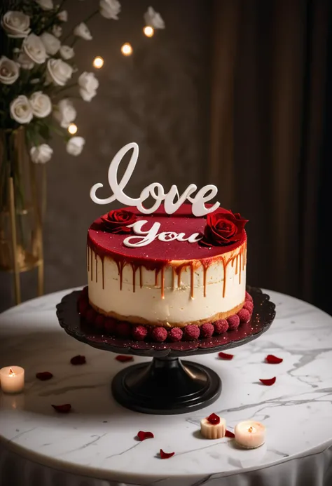 (medium full shot) of A caramel beige cheesecake red velvet cake with double layer, ("love you") text-shaped shape, sprinkles, sugar flowers , placed on a marble stand, located in an elegant wedding reception, with floral arrangements, romantic ambiance, sophisticated table settings, ambient lighting, at night, ,Masterpiece,best quality, raw photo, realistic, very aesthetic, dark