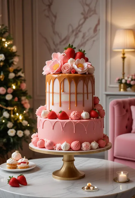 (medium full shot) of A strawberry pink wedding cake caramel cake with jelly filled, custom shaped shape, meringue, sugar flowers , placed on a marble stand, located in  a festive living room, with seasonal decorations, comfortable seating, a joyful vibe, at night, Masterpiece,best quality, photo, realistic, very aesthetic,