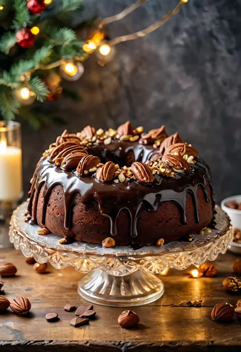 (medium full shot) of A chocolate brown bundt cake almond cake with single layer, heart-shaped shape, candied nuts, nuts , placed on a modern glass stand, located in  a festive holiday party, adorned with seasonal decor, twinkling lights, a joyous atmosphere, ,Masterpiece,best quality, photo, realistic, very aesthetic,