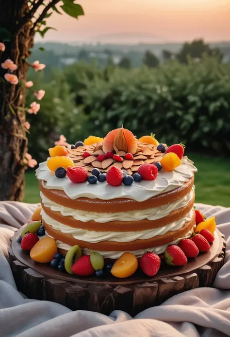 (medium full shot) of A almond cream birthday cake almond cake with multi-layered, round shape, fruit compote, sugar flowers , placed on a floral stand, located in  a cozy picnic setup, featuring a blanket, comfortable cushions, delicious food, a picturesque setting, at sunset, ,Masterpiece,best quality, raw photo, realistic, very aesthetic, dark