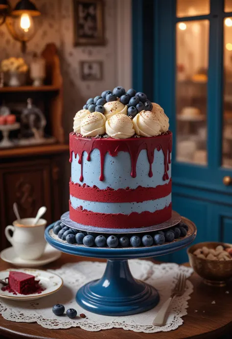 (medium full shot) of A blueberry blue ice cream cake red velvet cake with filled with cream, hexagonal shape, chocolate shavings, marzipan shapes , placed on a tiered stand, located in  a vintage bakery, with classic decor, retro furniture, nostalgic ambiance, charming details, at sunset, Masterpiece,best quality, photo, realistic, very aesthetic,