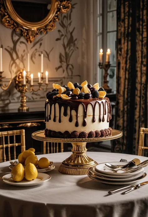 (medium full shot) of A chocolate brown layer cake lemon cake with filled with cream, oval shape, fruit compote, marzipan shapes , placed on a ornate ceramic stand, located in  a stylish dining room, featuring elegant table settings, tasteful decor, a sophisticated ambiance, at night, ,Masterpiece,best quality, photo, realistic, very aesthetic