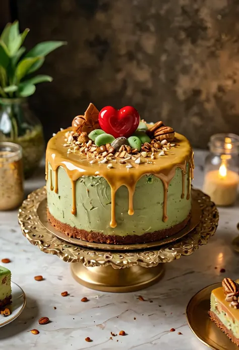 (medium full shot) of A caramel beige cheesecake matcha cake with single layer, heart-shaped shape, sprinkles, nuts , placed on a ornate ceramic stand, located in  a fun anniversary celebration, featuring themed decor, warm lighting, cozy seating, personalized touches, ,Masterpiece,best quality, photo, realistic, very aesthetic,