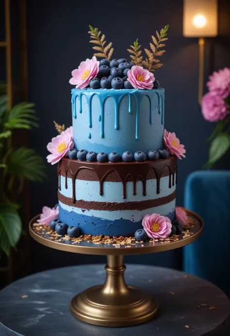 (medium full shot) of A blueberry blue ice cream cake chocolate cake with double layer, square shape, chocolate shavings, sugar flowers , placed on a floral stand, located in  a trendy cafe, featuring modern design, stylish furniture, artistic decor, a vibrant atmosphere , at night, Masterpiece,best quality, photo, realistic, very aesthetic,